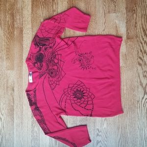 (L/XL) SanSan Thick Knit Viscose Blend Top 🖤 3/4 Length Sleeves Floral Details